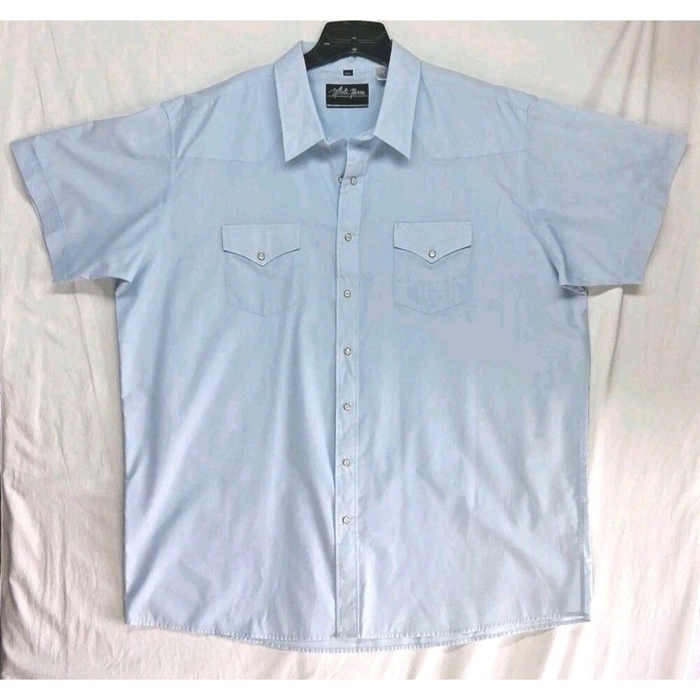 White Horse Western Cowboy Shirt Mens XXL Blue Short Sleeve Pearl Snap Pockets
